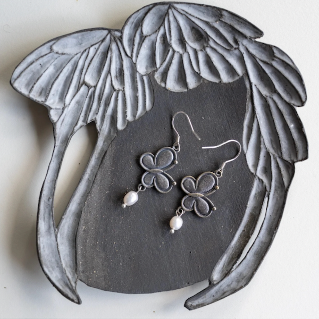 Antiqued Silver Butterfly Earrings with Freshwater Pearl – The Morpho