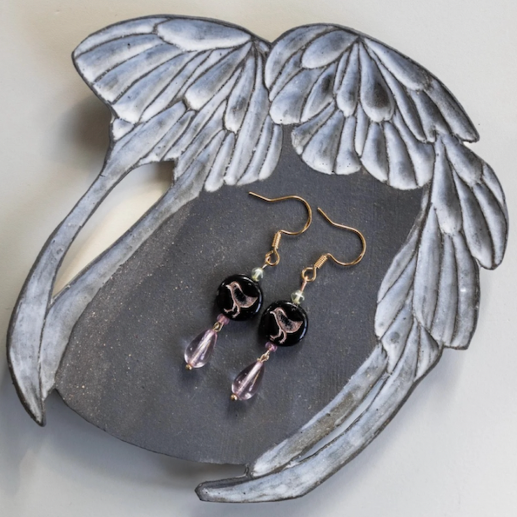 Violet Glass Drop Earrings with Gold Bird Motif – The Daybreak