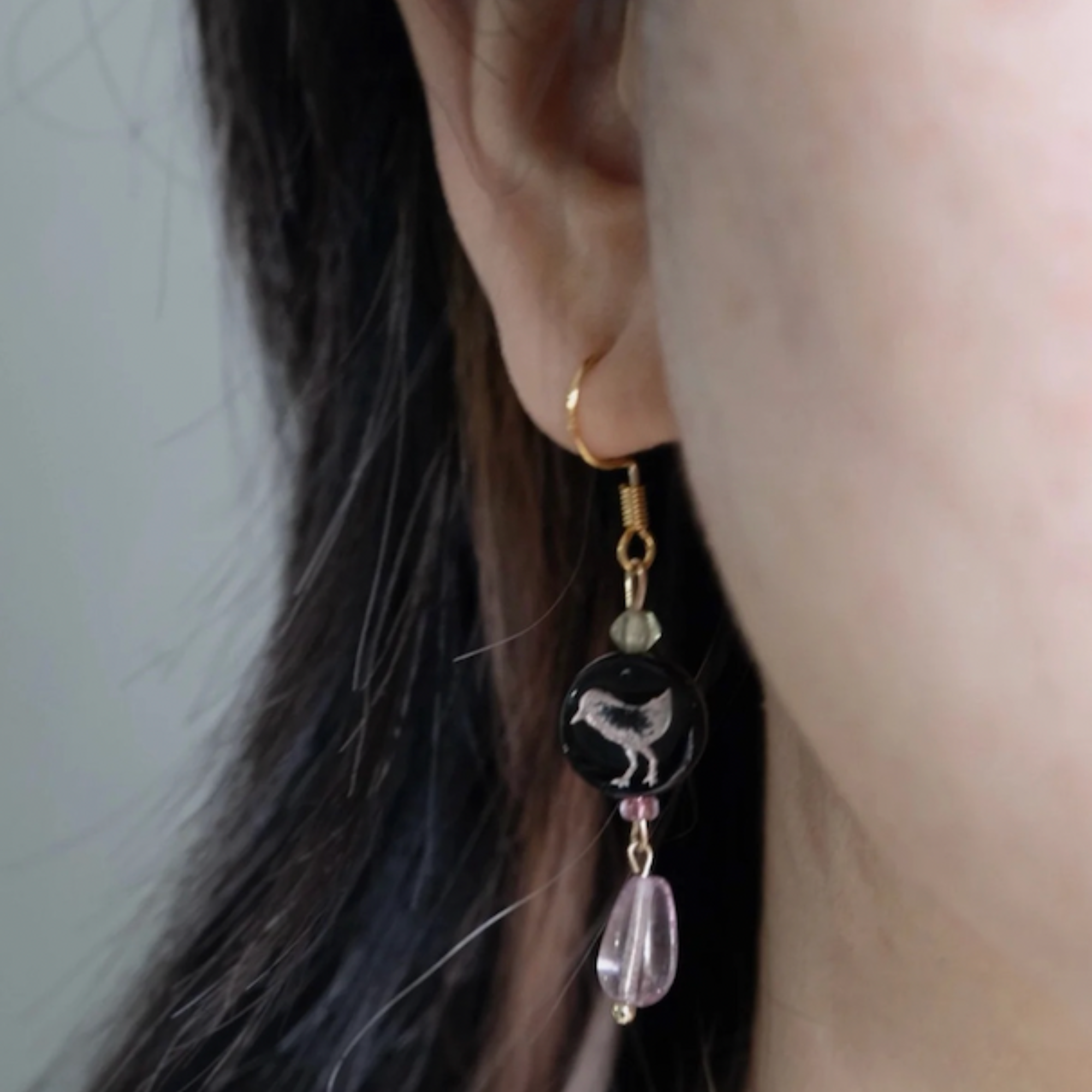 Violet Glass Drop Earrings with Gold Bird Motif – The Daybreak