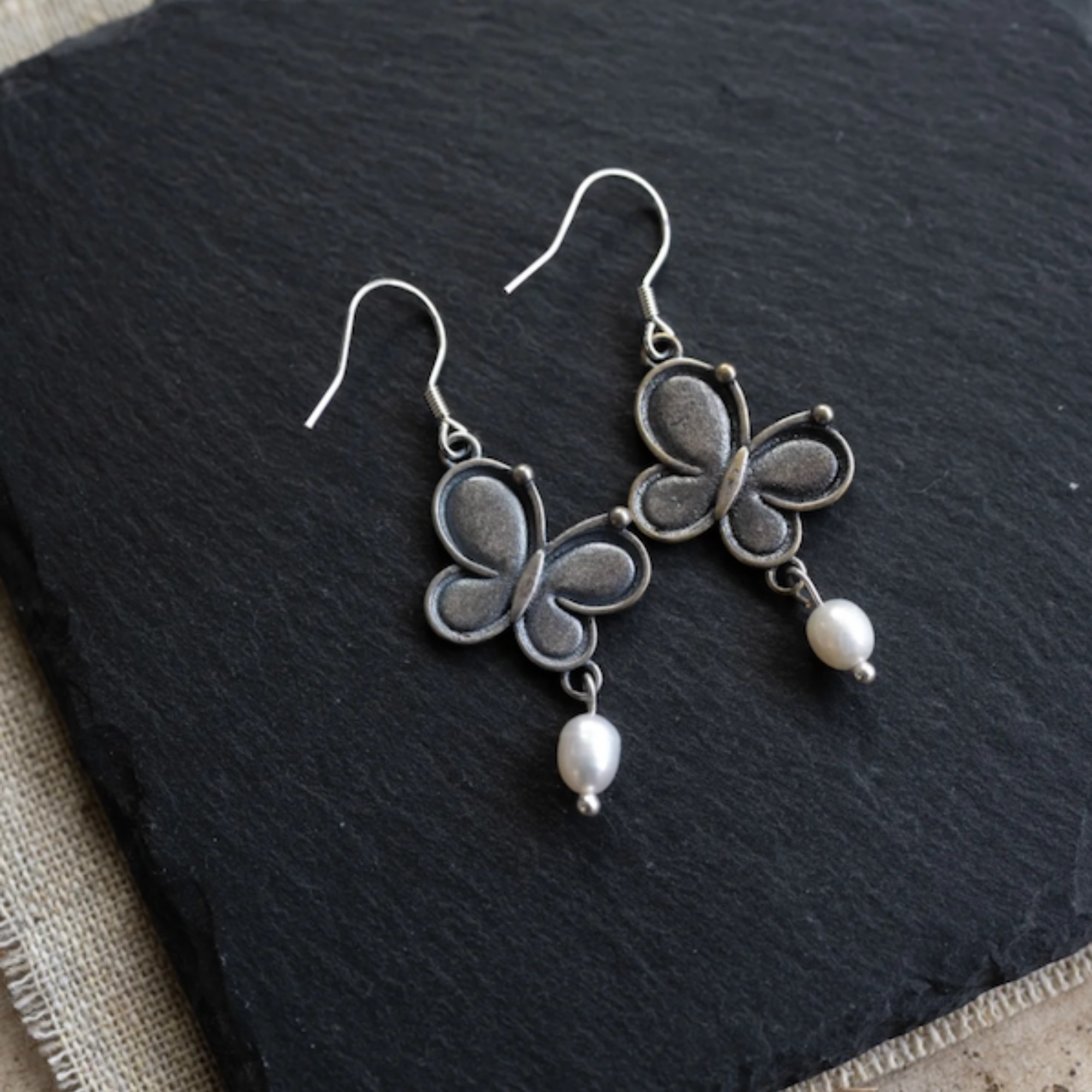 Antiqued Silver Butterfly Earrings with Freshwater Pearl – The Morpho