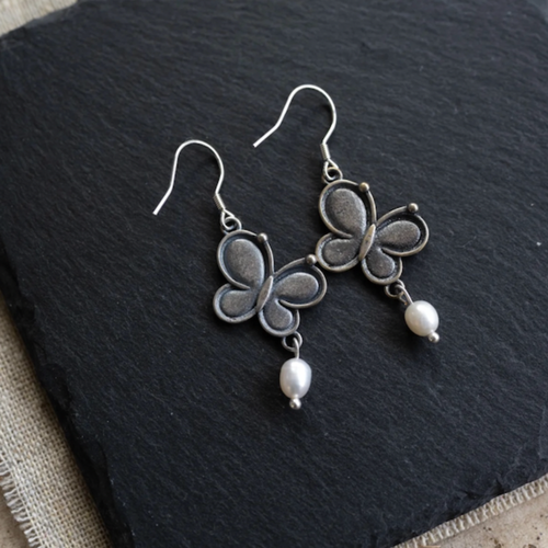 Antiqued Silver Butterfly Earrings with Freshwater Pearl – The Morpho