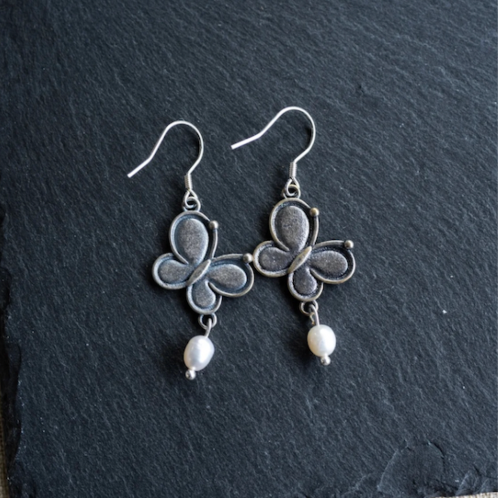 Antiqued Silver Butterfly Earrings with Freshwater Pearl – The Morpho