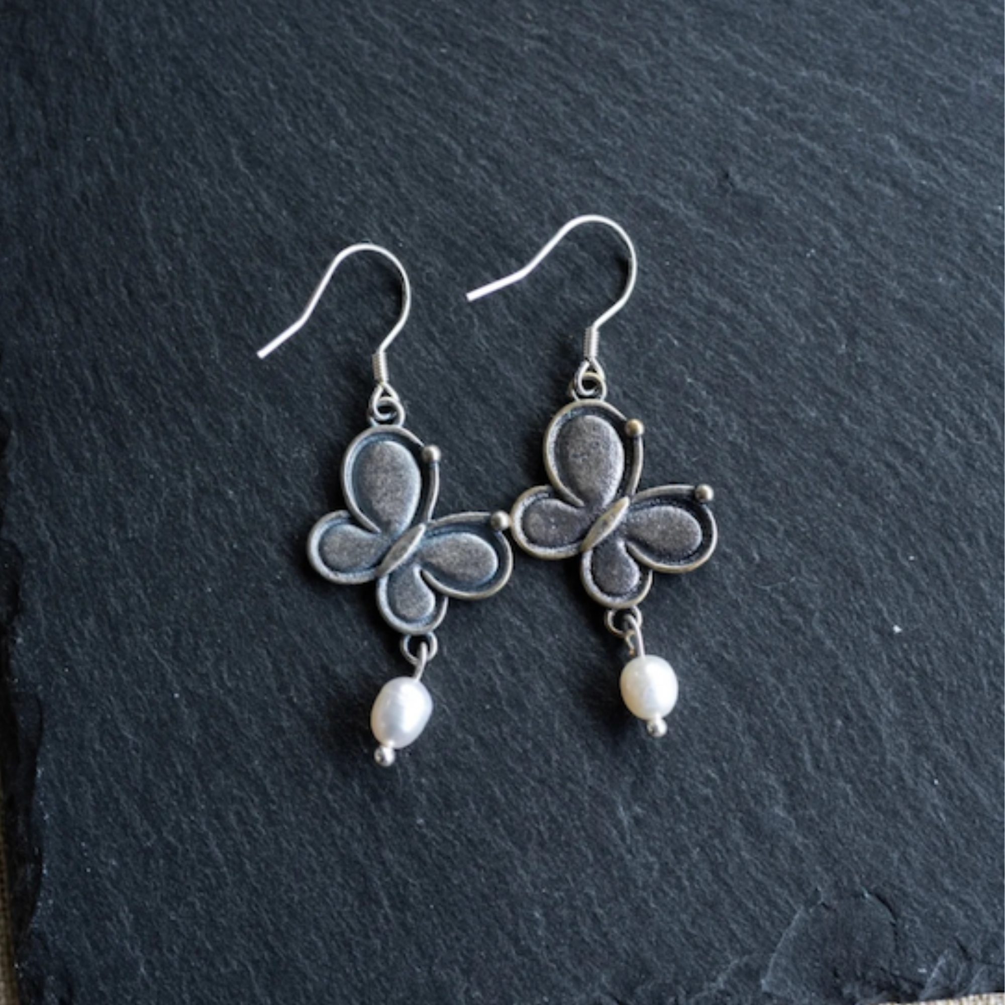 Antiqued Silver Butterfly Earrings with Freshwater Pearl – The Morpho