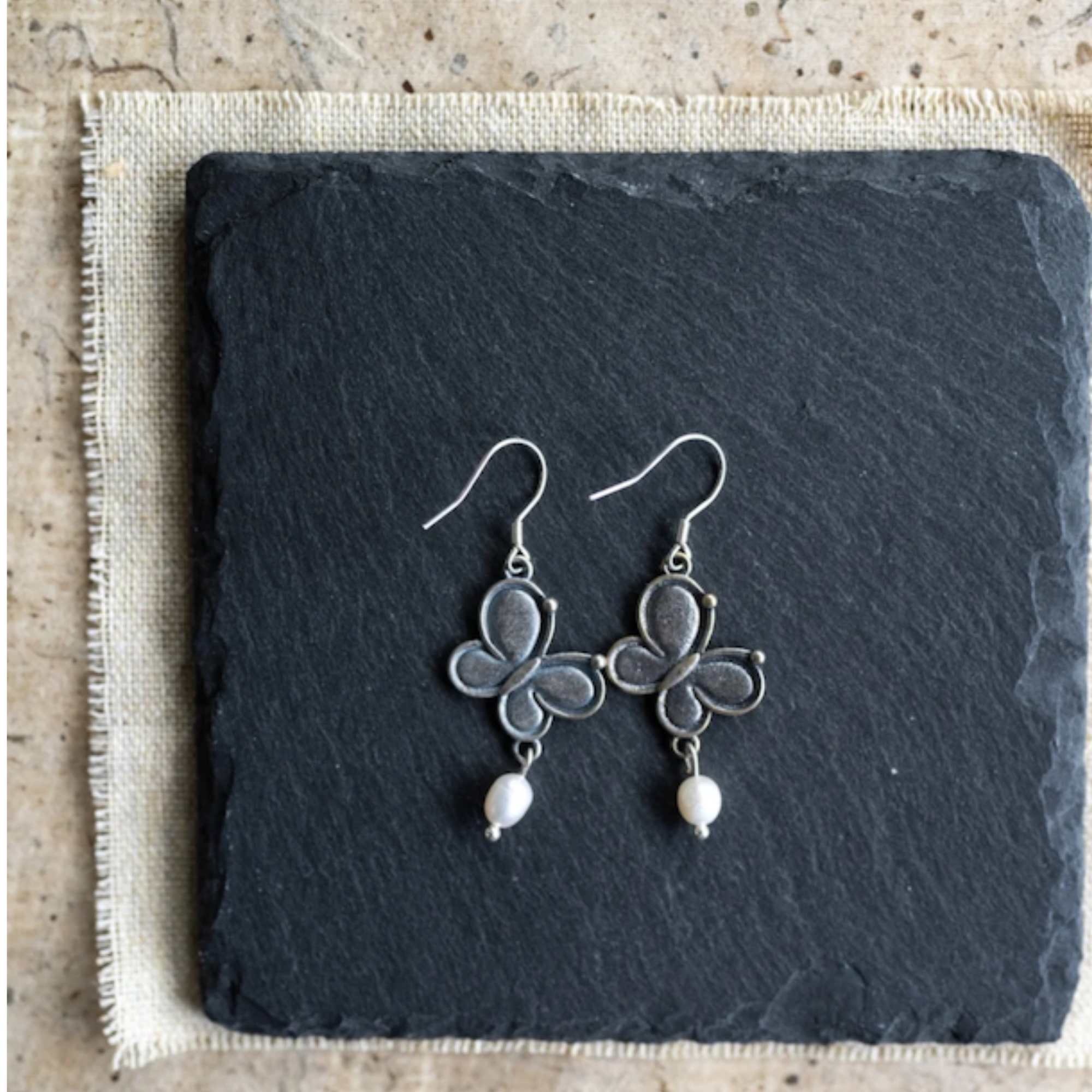 Antiqued Silver Butterfly Earrings with Freshwater Pearl – The Morpho